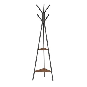 A black metal coat rack with a triangular design features multiple hooks at the top for hanging items and two triangular wooden shelves for extra storage.