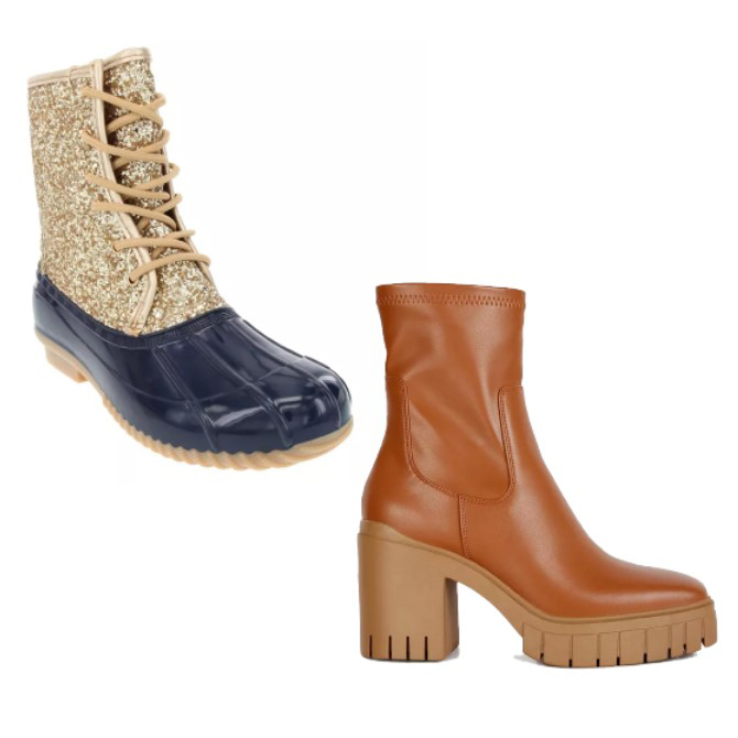 Two pairs of boots: on the left, duck boots with a glittery upper part and navy blue lower part; on the right, chunky brown Chelsea boots with a tall heel.