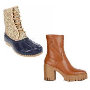Two pairs of boots: on the left, duck boots with a glittery upper part and navy blue lower part; on the right, chunky brown Chelsea boots with a tall heel.