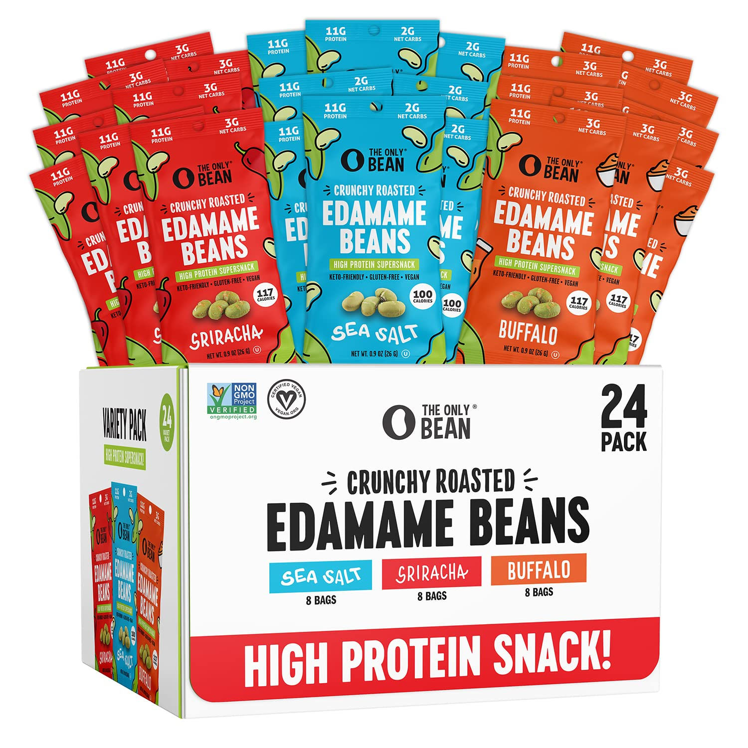 24-pack of crunchy roasted edamame beans with 8 bags each of Sea Salt, Sriracha, and Buffalo flavors; high protein, keto-friendly, gluten-free, vegan, non-GMO verified.
