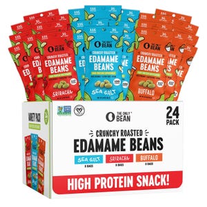 24-pack of crunchy roasted edamame beans with 8 bags each of Sea Salt, Sriracha, and Buffalo flavors; high protein, keto-friendly, gluten-free, vegan, non-GMO verified.