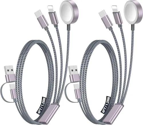 Two braided charging cables, each with multiple connectors, including USB and magnetic chargers, designed for compatibility with various devices.