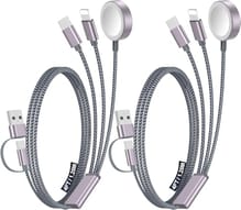 Two braided charging cables, each with multiple connectors, including USB and magnetic chargers, designed for compatibility with various devices.