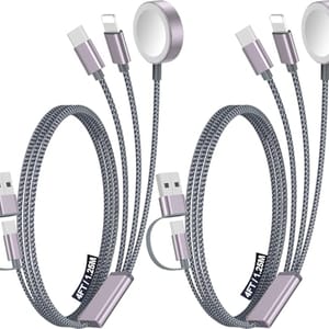 Two braided charging cables, each with multiple connectors, including USB and magnetic chargers, designed for compatibility with various devices.