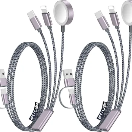 Two braided charging cables, each with multiple connectors, including USB and magnetic chargers, designed for compatibility with various devices.