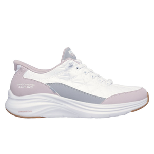 Skechers Slip-Ins: Cozy Fit shoes feature a white and pastel pink design with a slip-on style and lace-up appearance. They include contour foam and a grey accent stripe, providing comfort and ease for everyday wear.