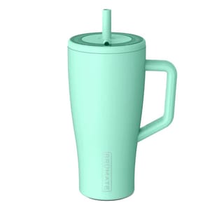 A mint green insulated mug with a handle, lid, and straw, featuring \“BRUMATE\“ branding.