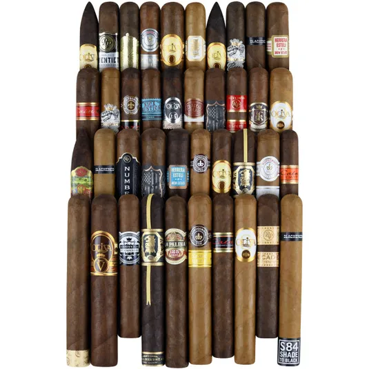 A collection of various cigars with different labels and bands, showcasing a variety of styles, brands, and sizes.