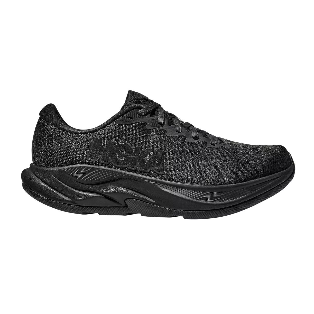 HOKA black athletic shoe with a thick, cushioned sole and mesh upper, featuring the brand's logo on the side.