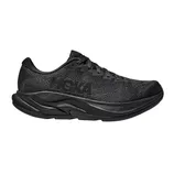 HOKA black athletic shoe with a thick, cushioned sole and mesh upper, featuring the brand's logo on the side.