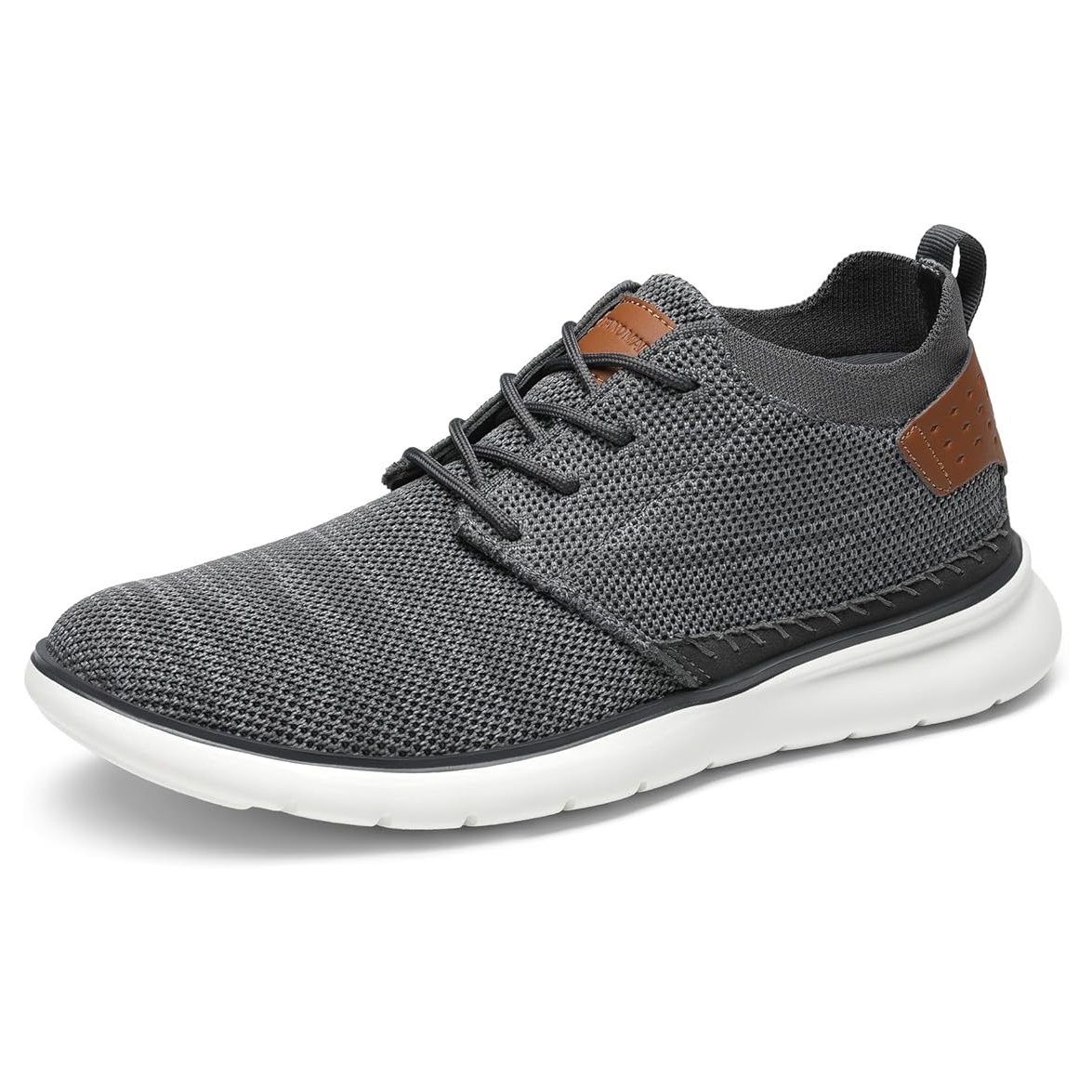 A gray knit sneaker with a white sole and brown accents on the heel and tongue, featuring black laces.