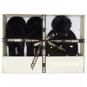 Steve Madden gift box set with a black beanie featuring a pom-pom and decorative embellishments, paired with matching black slippers.