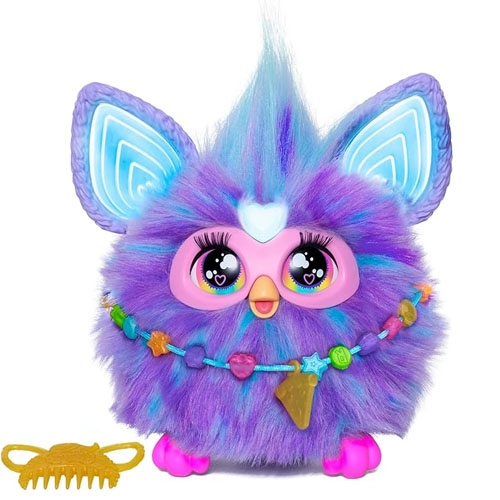 A purple furby toy next to a gold comb