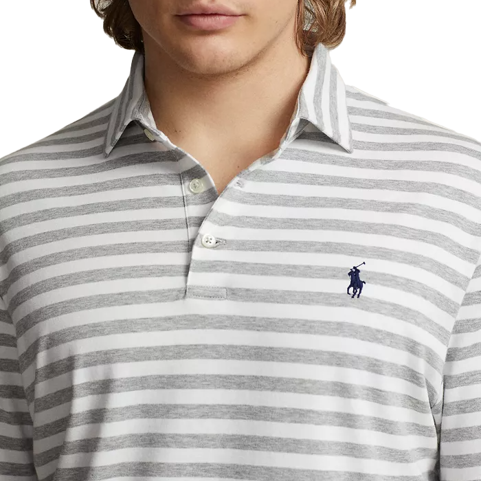 A striped polo shirt with horizontal gray and white stripes and a small blue logo on the left chest area.