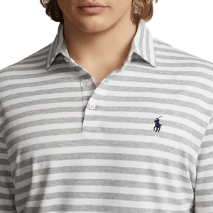 A striped polo shirt with horizontal gray and white stripes and a small blue logo on the left chest area.