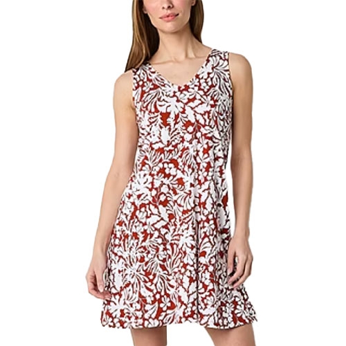 A sleeveless, knee-length dress with a red and white floral pattern.