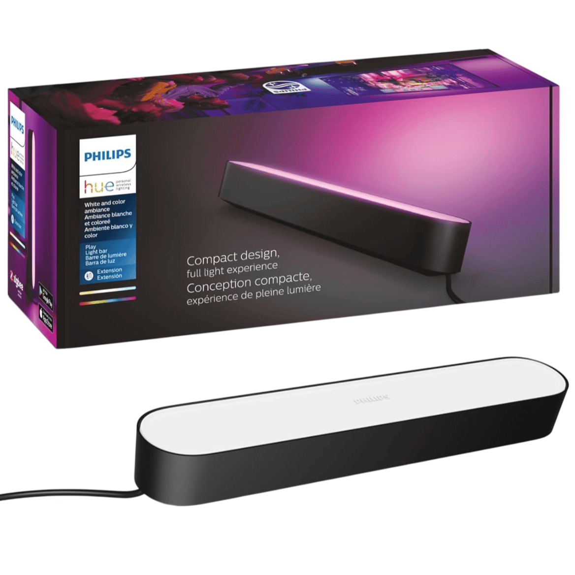 Philips Hue Play Light Bar, a compact smart LED light, offers white and color ambiance. Compatible with Zigbee, Apple Store, and Google Play, featuring an extension for versatile placement.