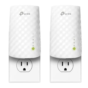 Two TP-Link WiFi range extenders, each plugged into a wall outlet. They feature a compact design with dual-band support (5G and 2.4G indicators), and display LED lights for signal strength and power status.