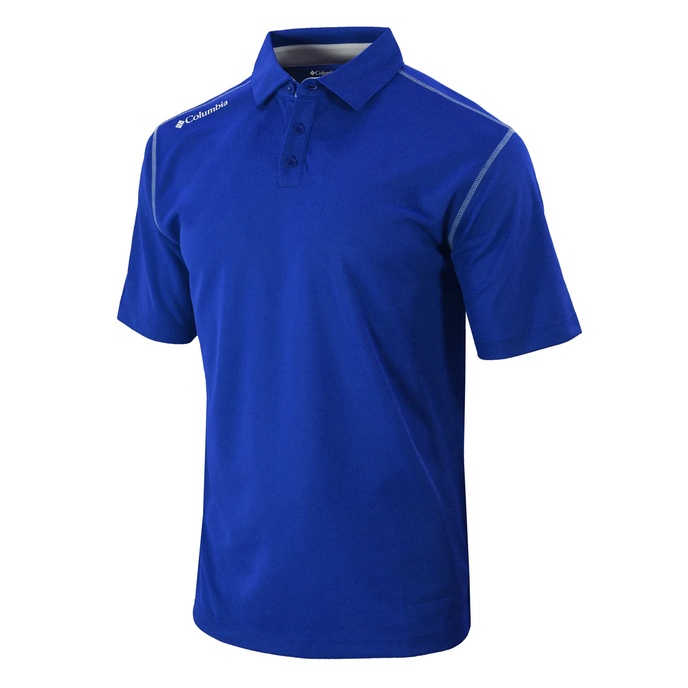 A blue Columbia short-sleeve polo shirt with subtle shoulder stitching details and a collar featuring a three-button placket.