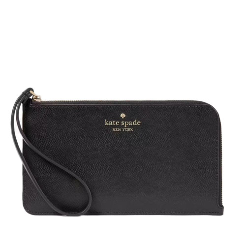 A black Kate Spade New York wristlet with gold logo lettering, featuring a textured leather finish and a wrist strap.