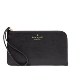 A black Kate Spade New York wristlet with gold logo lettering, featuring a textured leather finish and a wrist strap.
