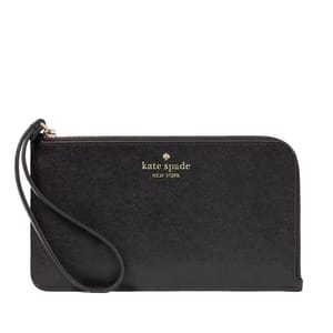 A black Kate Spade New York wristlet with gold logo lettering, featuring a textured leather finish and a wrist strap.
