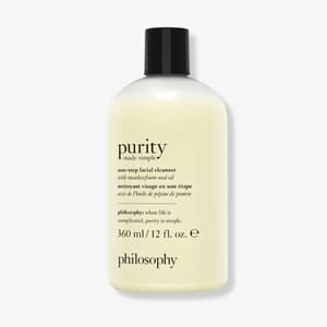 A bottle of Philosophy Purity Made Simple one-step facial cleanser with meadowfoam seed oil, 360 ml / 12 fl. oz.