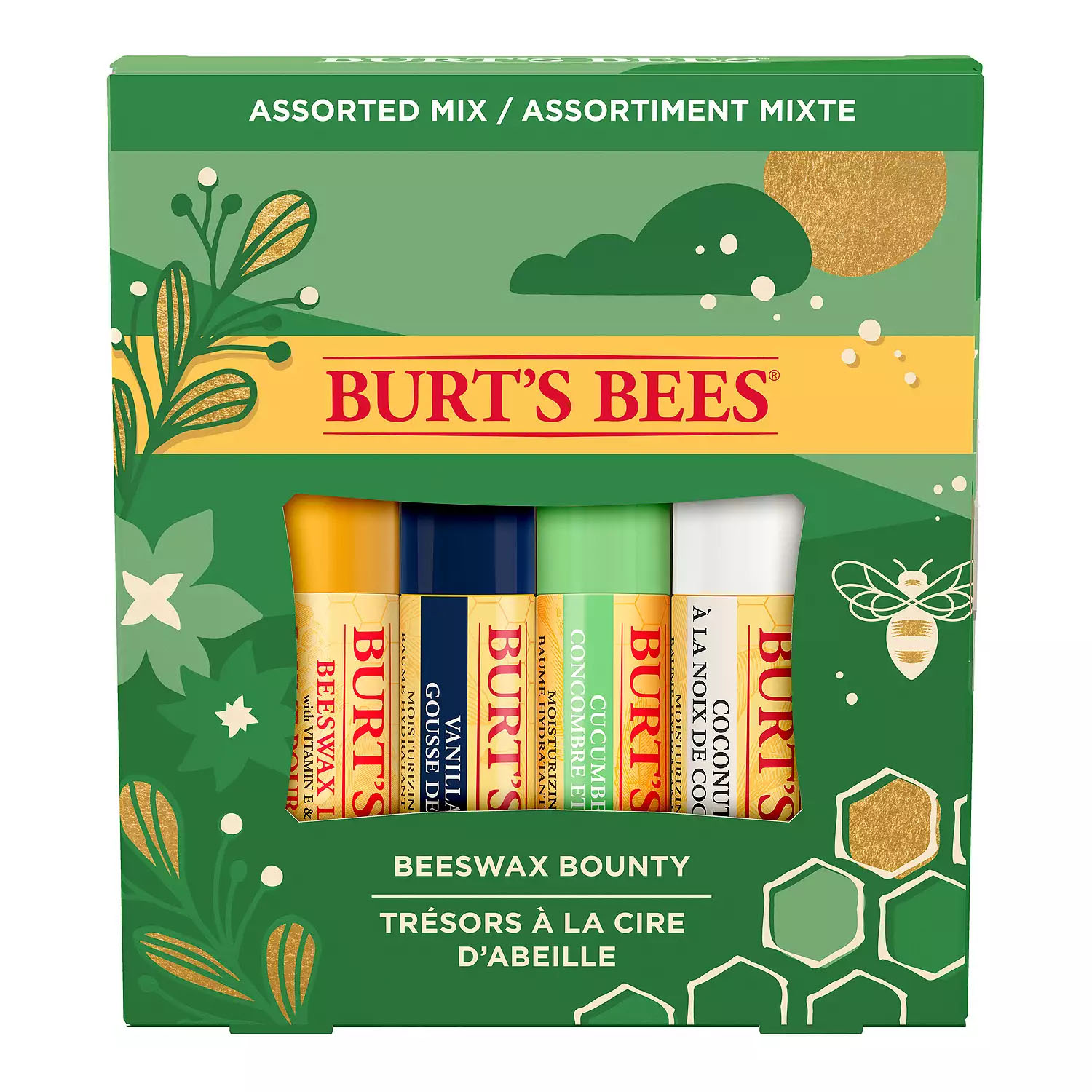 Burt's Bees Holiday Lip Balm Set, \“Beeswax Bounty,\“ includes four flavors: Beeswax, Vanilla Bean, Cucumber Mint, and Coconut & Pear, in a green holiday-themed package with floral and honeycomb designs.