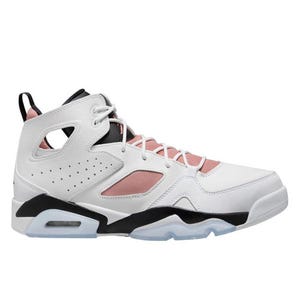 A white and pink high-top sneaker with perforated detailing, featuring a cushioned sole and visible air unit in the heel for comfort.