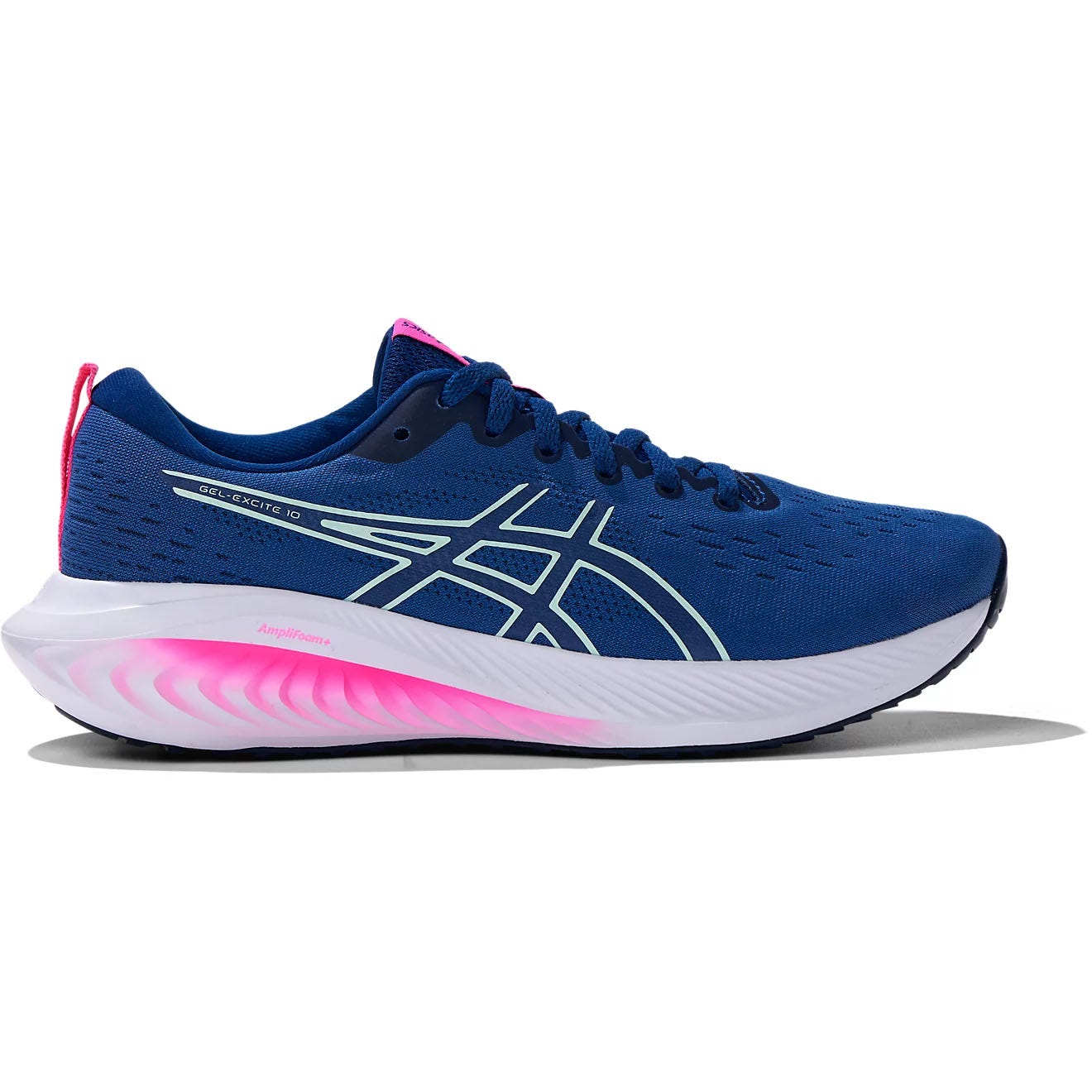 ASICS Gel-Excite 10 running shoe in blue with white detailing and an Amplifoam sole featuring pink accents.