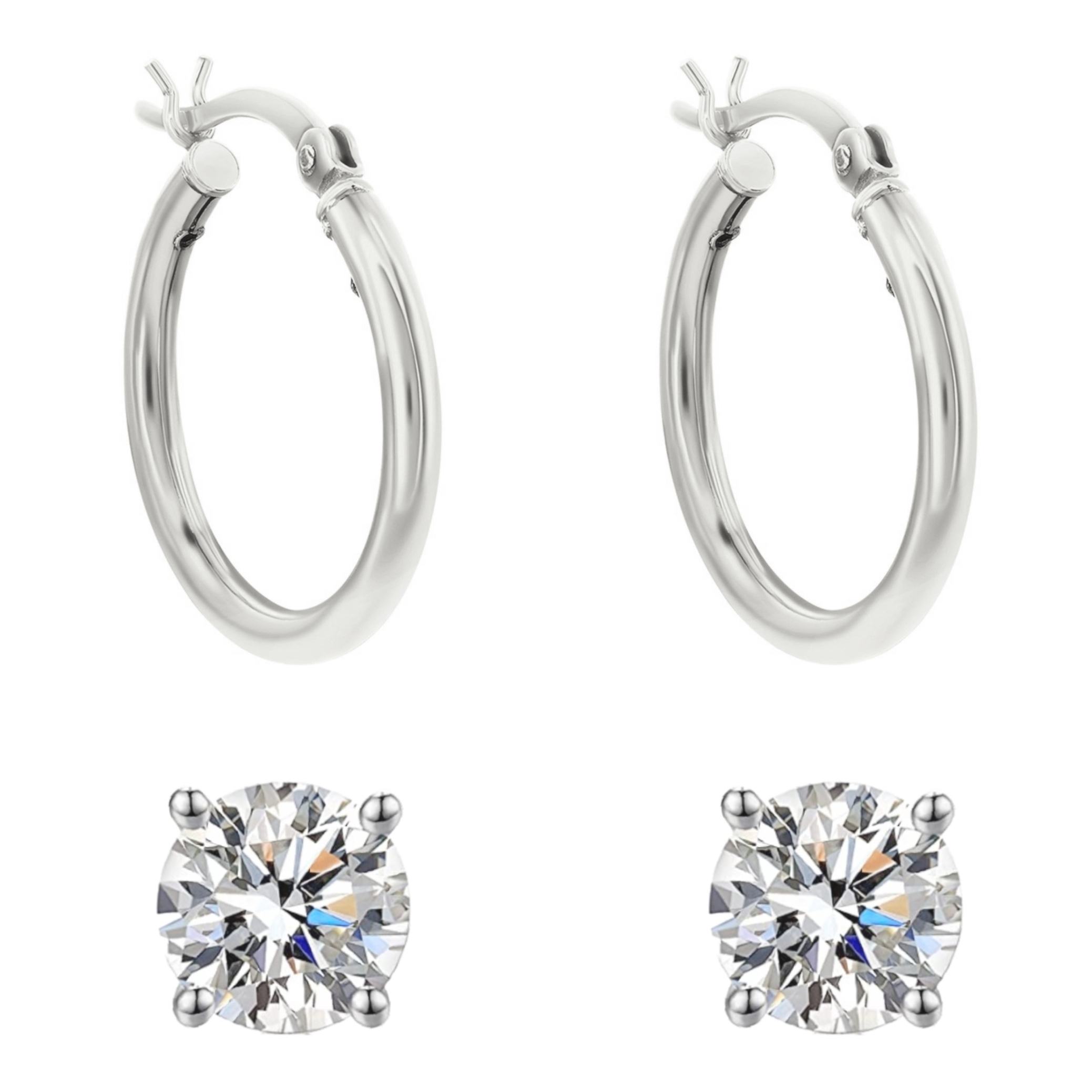 The set includes two pairs of sterling silver earrings: one pair of polished hoop earrings and one pair of round, prong-set cubic zirconia stud earrings.