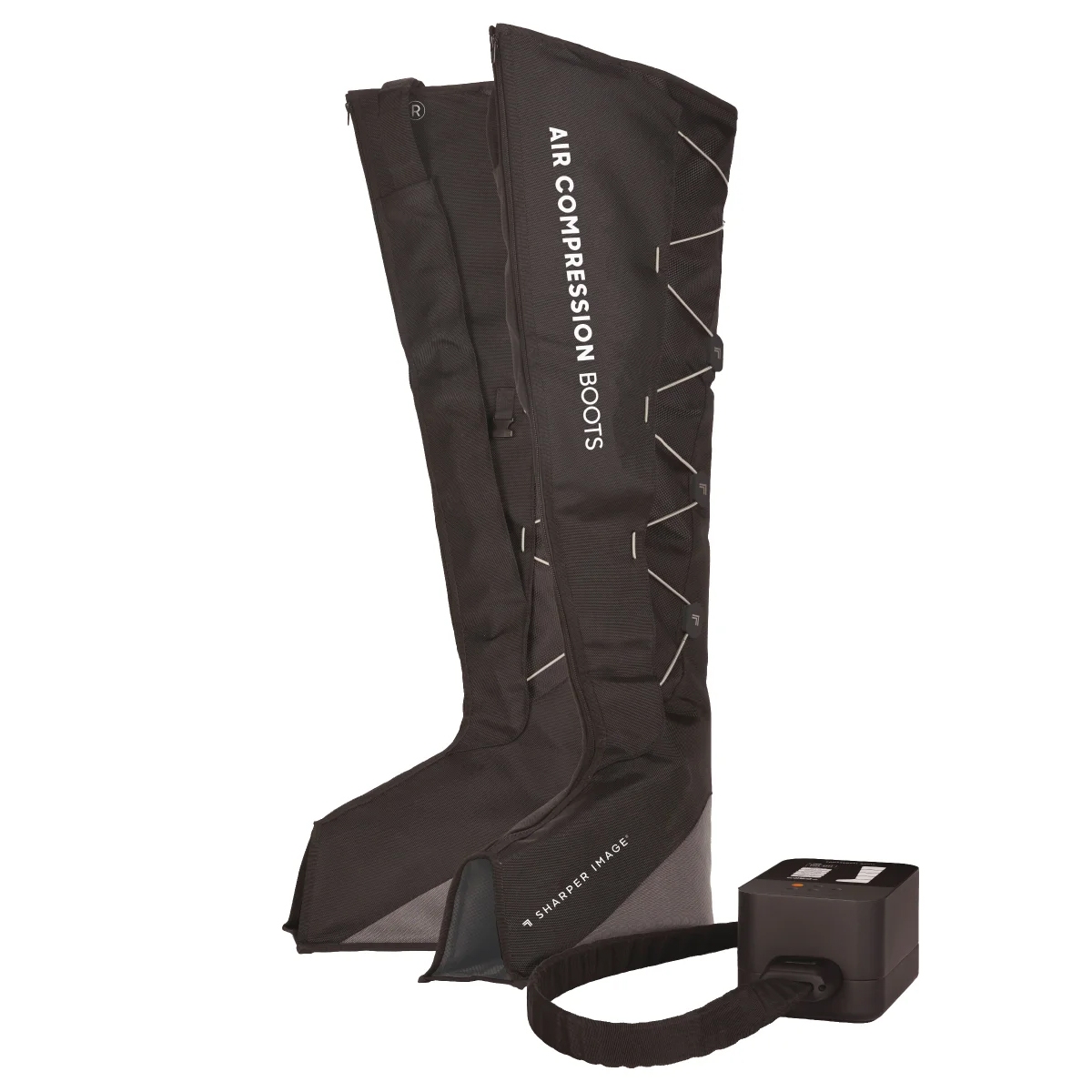 Air compression boots with a control unit, designed for leg massage and improving circulation.