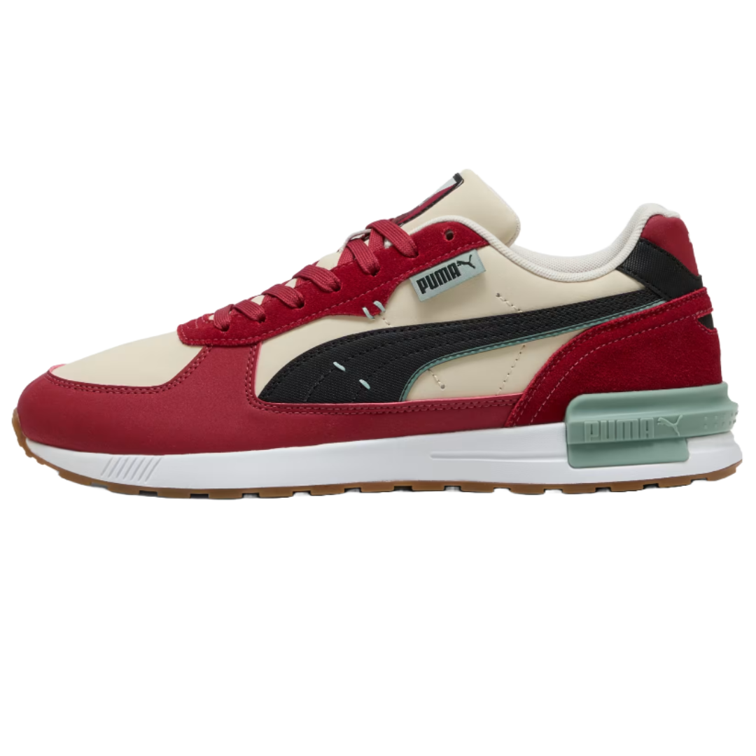 Puma sneaker featuring a red, beige, and black color scheme with a gum sole and a light green accent on the heel.