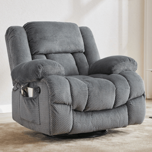 A gray textured recliner chair with padded armrests, a headrest, and a side pocket, placed in a minimal living space with light decor.