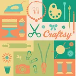 The illustration showcases various crafting tools and items, including an iron, jewelry, painter's palette, cake, cupcakes, scissors, safety pins, zipper, spool of thread, rolling pin, paintbrushes, camera, and a flower in a pot, all arranged in colorful blocks.