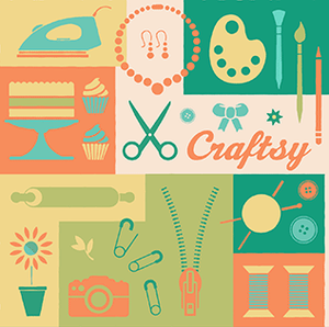 The illustration showcases various crafting tools and items, including an iron, jewelry, painter's palette, cake, cupcakes, scissors, safety pins, zipper, spool of thread, rolling pin, paintbrushes, camera, and a flower in a pot, all arranged in colorful blocks.