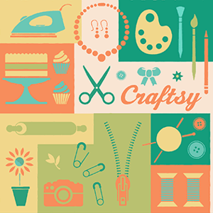 The illustration showcases various crafting tools and items, including an iron, jewelry, painter's palette, cake, cupcakes, scissors, safety pins, zipper, spool of thread, rolling pin, paintbrushes, camera, and a flower in a pot, all arranged in colorful blocks.