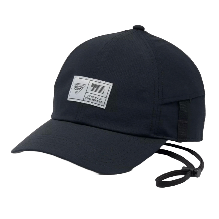 A black baseball cap featuring a patch with an American flag and the phrase \“First On The Water,\“ along with adjustable straps.
