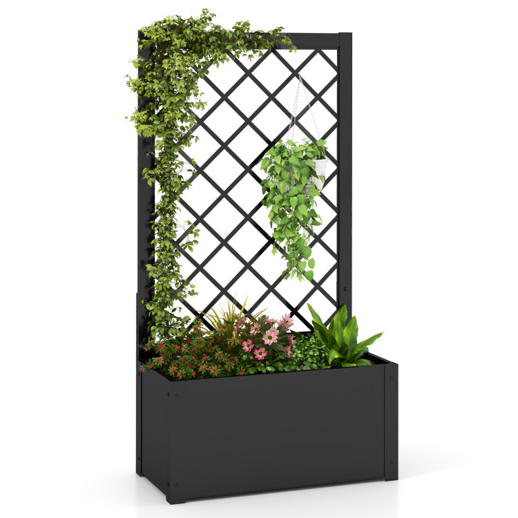 A black planter box with a lattice trellis supports climbing plants and a hanging potted plant, featuring additional flowering plants and foliage at the base.