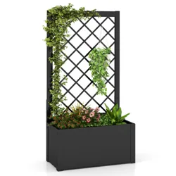A black planter box with a lattice trellis supports climbing plants and a hanging potted plant, featuring additional flowering plants and foliage at the base.