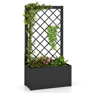 A black planter box with a lattice trellis supports climbing plants and a hanging potted plant, featuring additional flowering plants and foliage at the base.