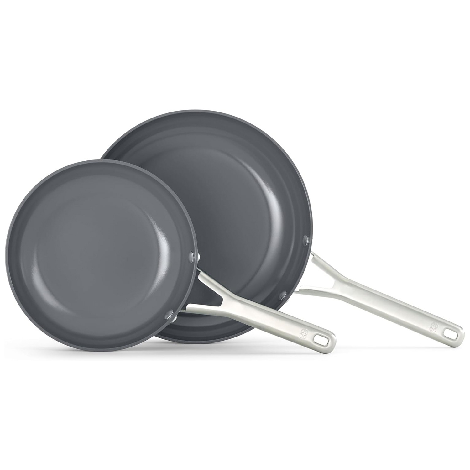 Two gray Calphalon oil-infused ceramic frying pans with light-colored handles, featuring a non-stick surface.