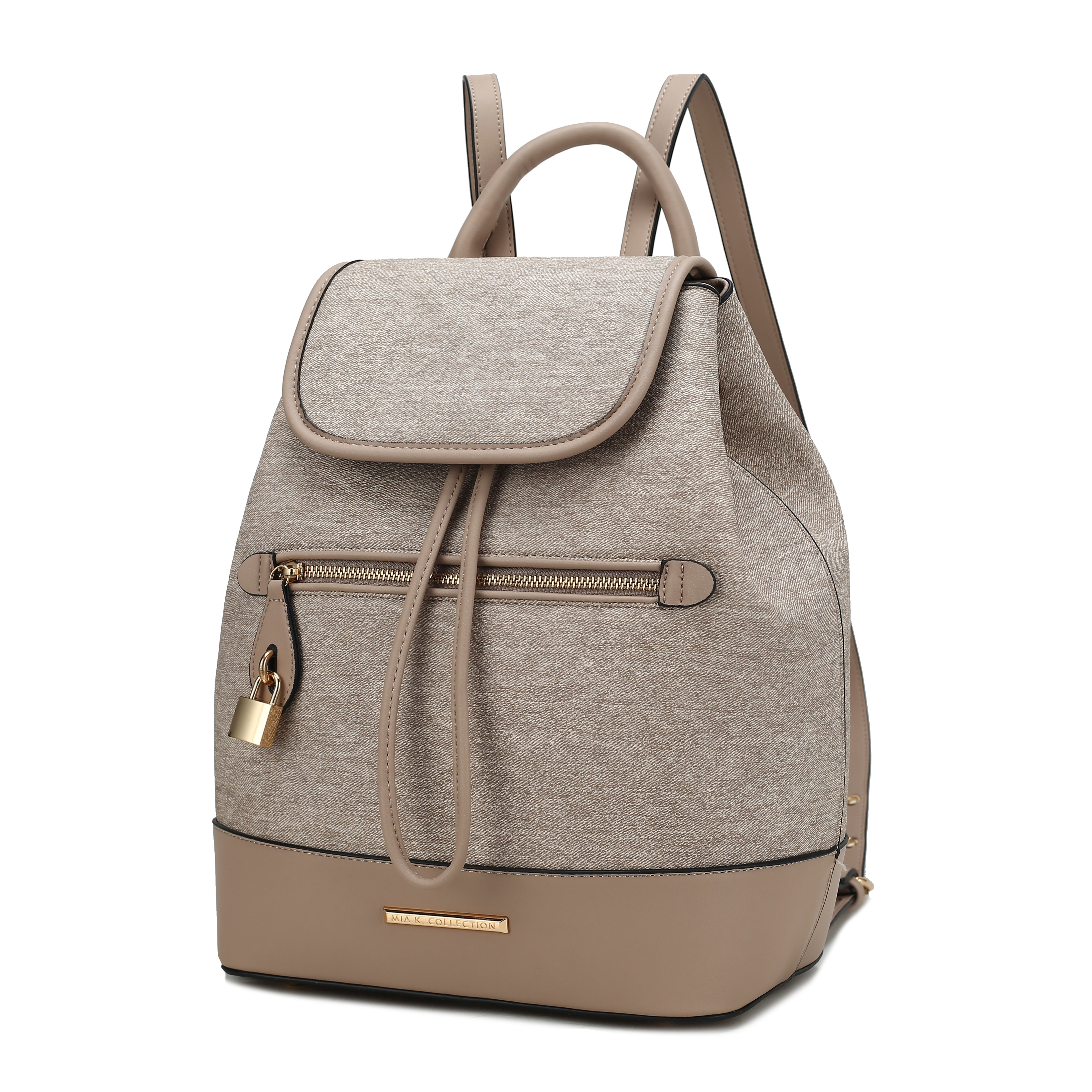 A beige and taupe backpack with a drawstring closure, front zip pocket, and a gold padlock detail. It features a top handle and adjustable shoulder straps.