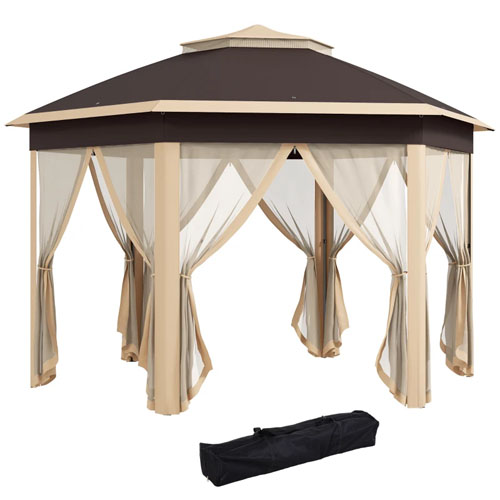A beige and brown outdoor gazebo with a peaked roof, mesh curtains, and a carrying bag for transport.