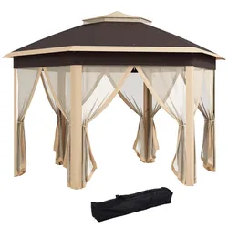 A beige and brown outdoor gazebo with a peaked roof, mesh curtains, and a carrying bag for transport.