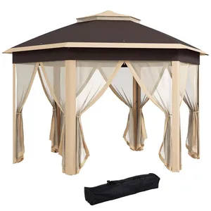 A beige and brown outdoor gazebo with a peaked roof, mesh curtains, and a carrying bag for transport.