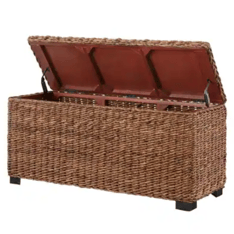 Woven storage box with a hinged lid, featuring a natural rattan appearance on four black legs, providing a stylish storage solution.