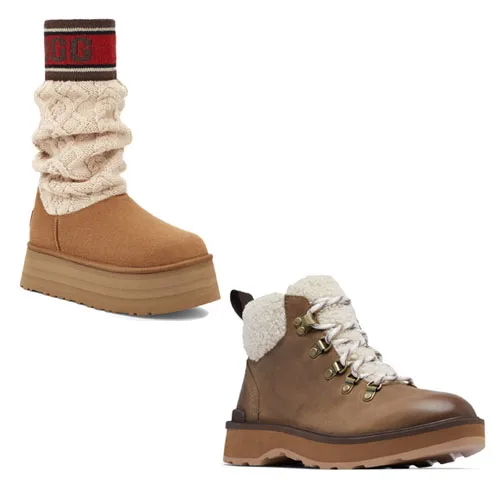 Two styles of women's boots: one is a light brown slip-on with a knit cuff, the other is a lace-up boot with a shearling collar.
