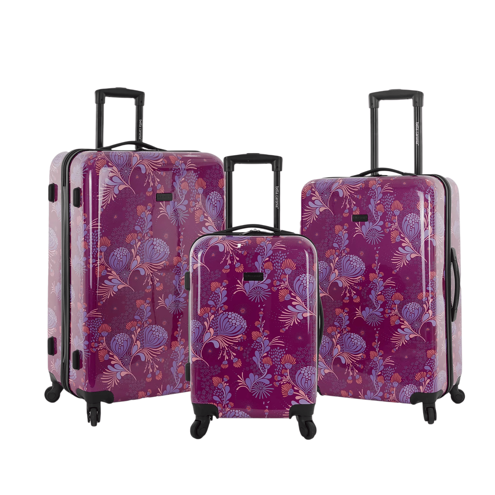 A set of three purple floral-patterned hard-shell suitcases with black handles and four wheels each, varying in size for different travel needs.