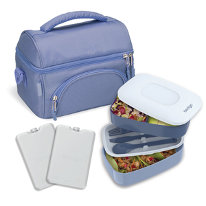 4pc Bentgo Deluxe Set includes a light purple insulated lunch bag, two stackable food containers with white lids, blue utensils, and two rectangular ice packs.
